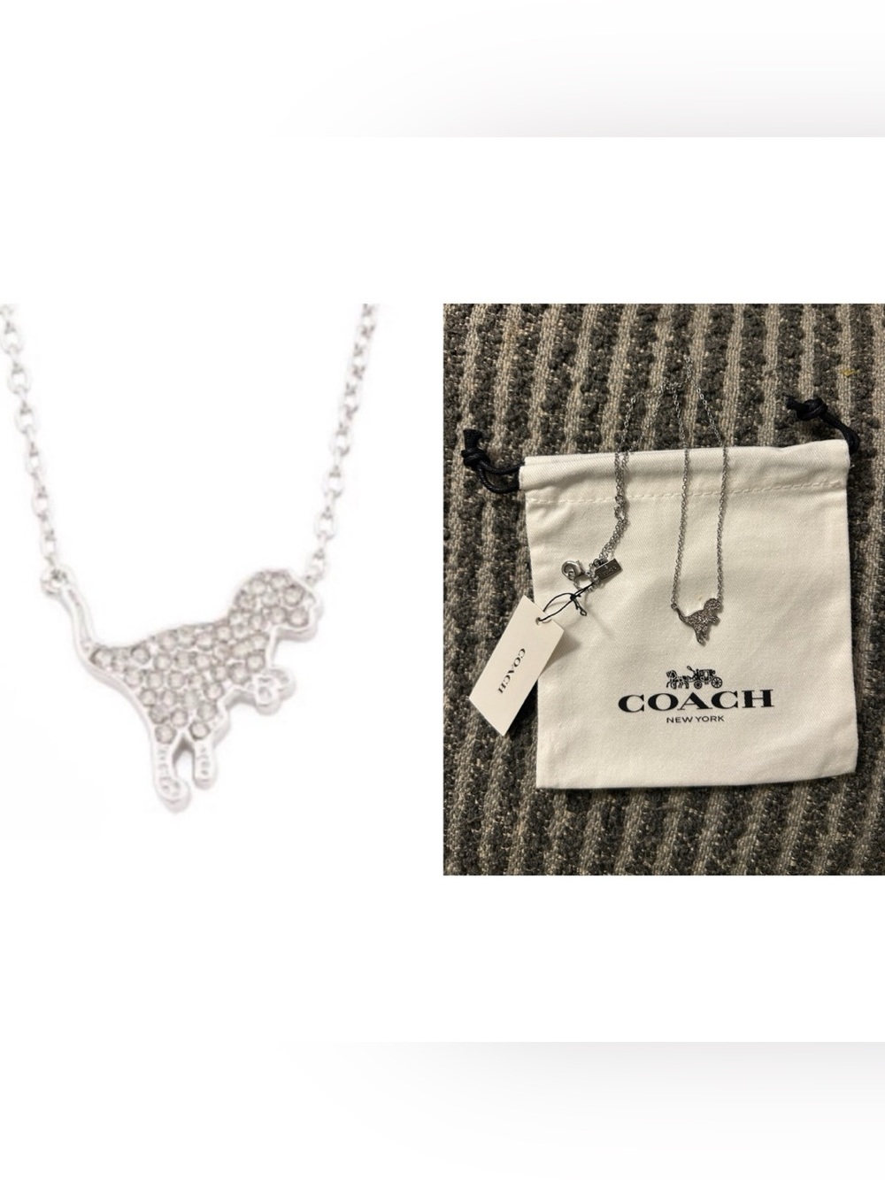 🦖NWT COACH Signature Pave Diamond Silver Rexy Dinosaur T-Rex Necklace + Dust Bag